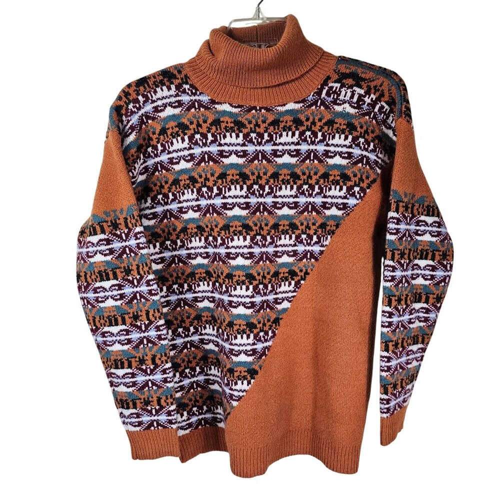 Easel Artsy Turtleneck Sweater S Rust‎ Orange Geometric Fair Isle Autumn Casual